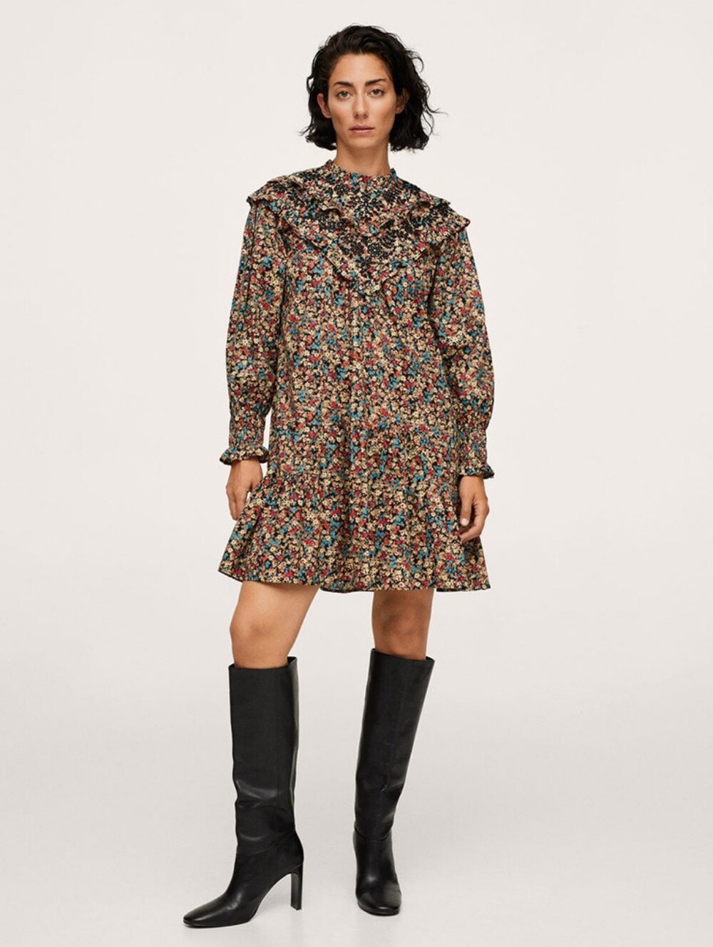 MNG Long Sleeve Prairie Embroidered Eyelet Boho Floral Ruffle Dress Women's 2